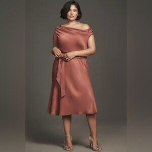 NWT Size L - Maeve Asymmetrical Tie-Waist Satin Midi Dress (NWT US$178)